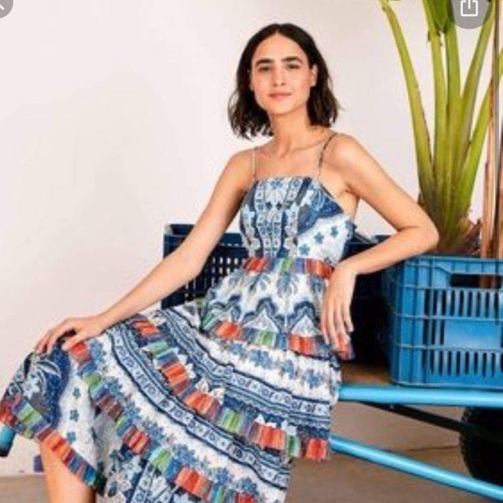NWT!! Farm Rio || Blue Palms Frilled Skirt Midi Dress